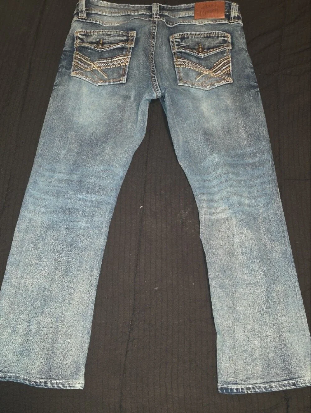 Slim Straight Men's Blue Jeans with Red Embroidered Waistband